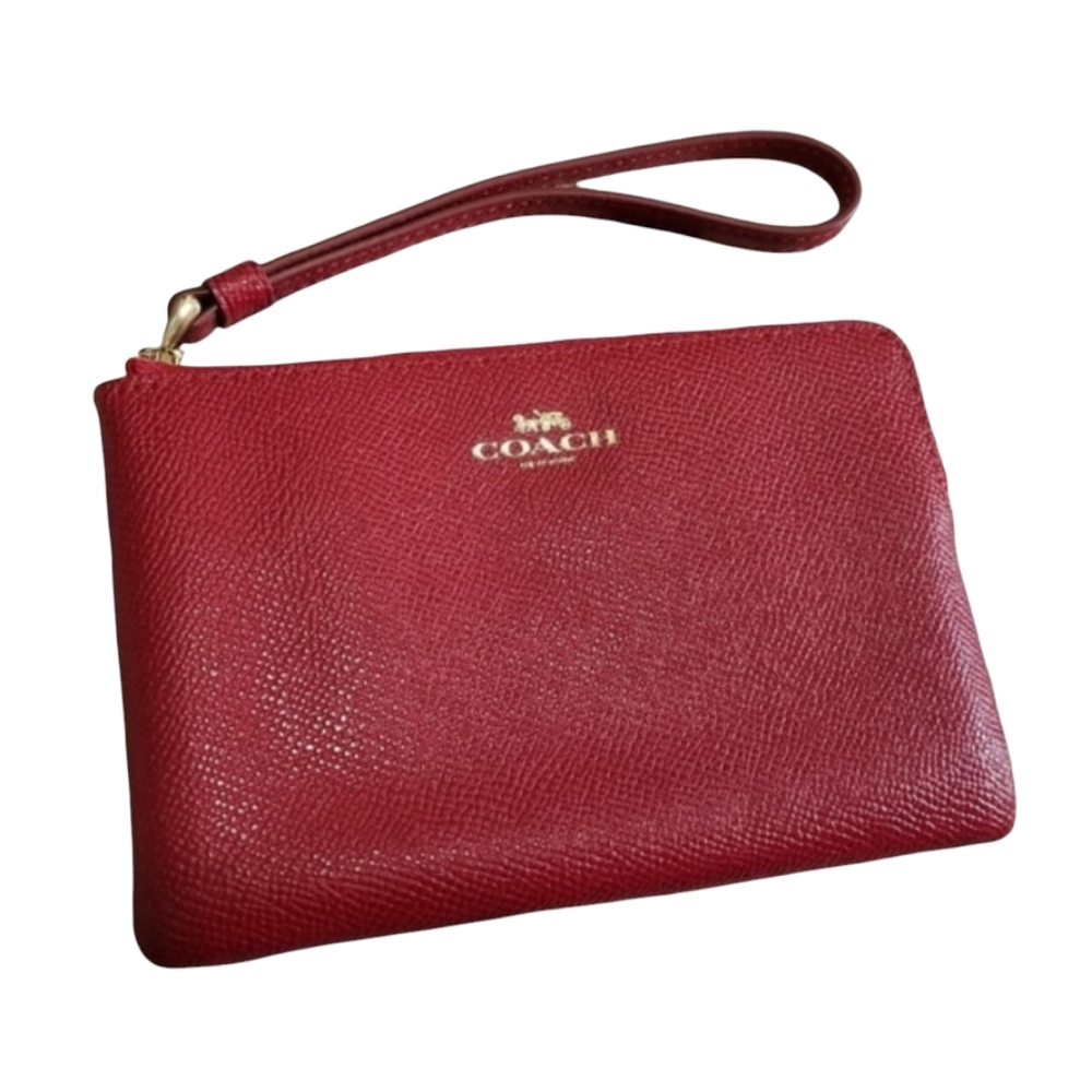Coach Corner Zip Red Crossgrain Leather Wristlet